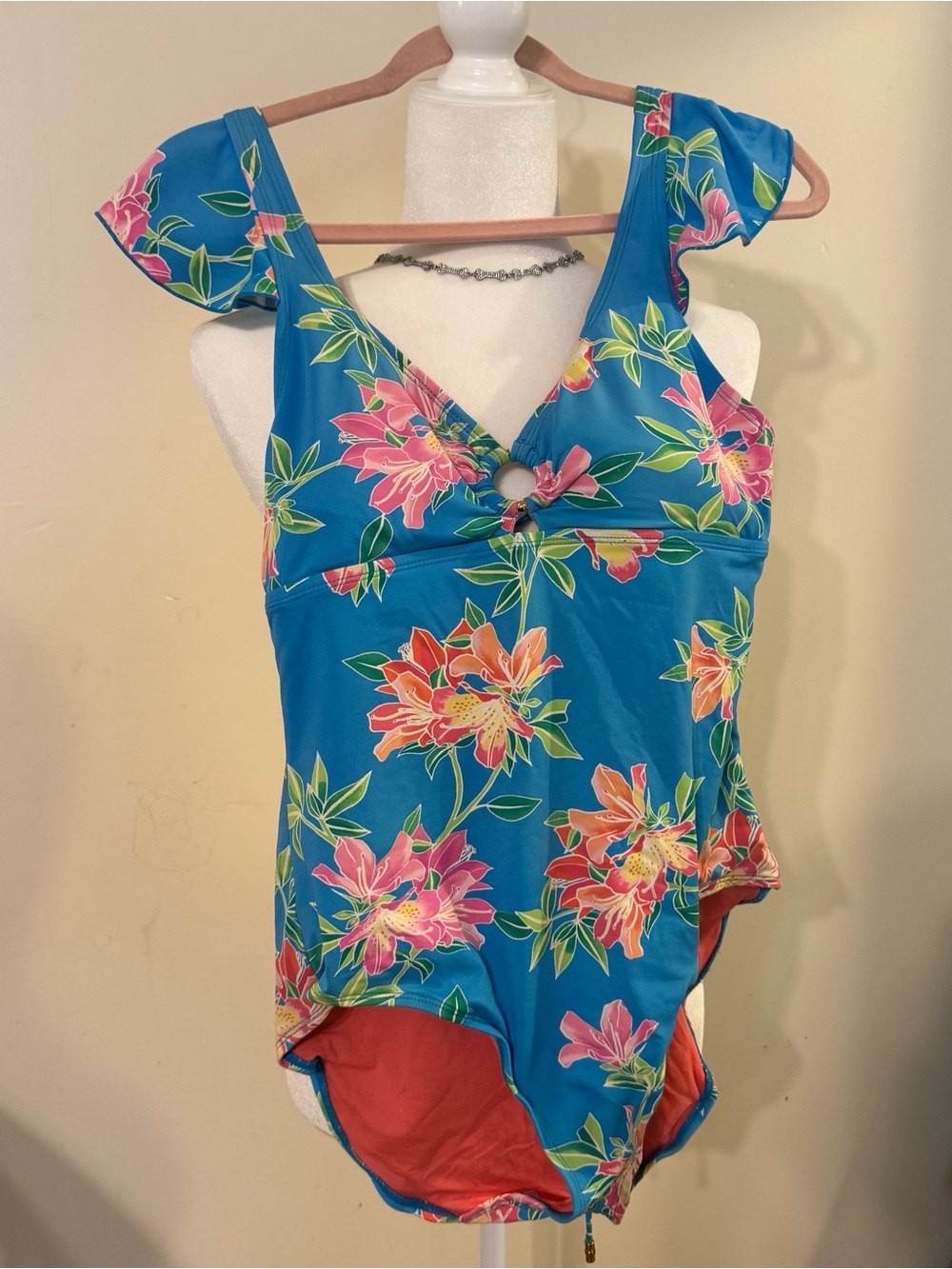 Tommy Bahama Teal Floral V-Neck Swimsuit with Pink & Orange Blooms